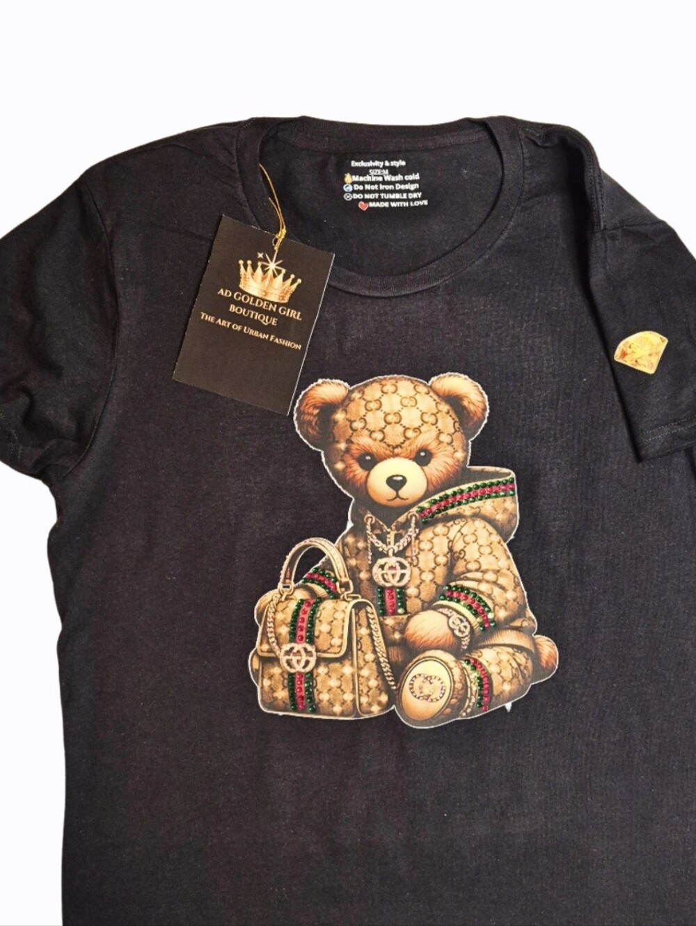 Luxury Teddy Bear Rhinestone Graphic Tee - Black Size M - Picture 4 of 4